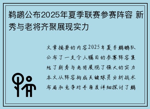 鹈鹕公布2025年夏季联赛参赛阵容 新秀与老将齐聚展现实力