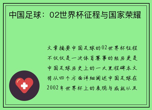 中国足球：02世界杯征程与国家荣耀